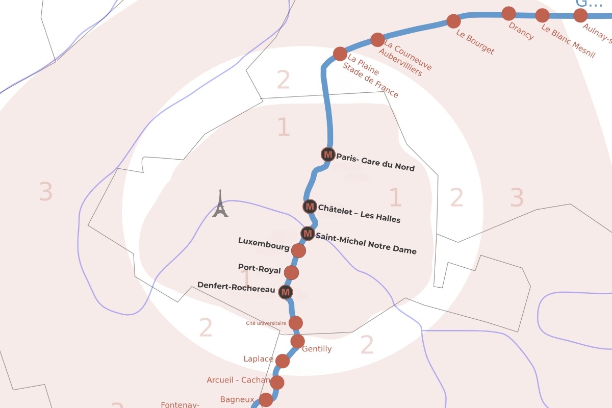 Mapa com estações da linha RER B no centro de Pairs