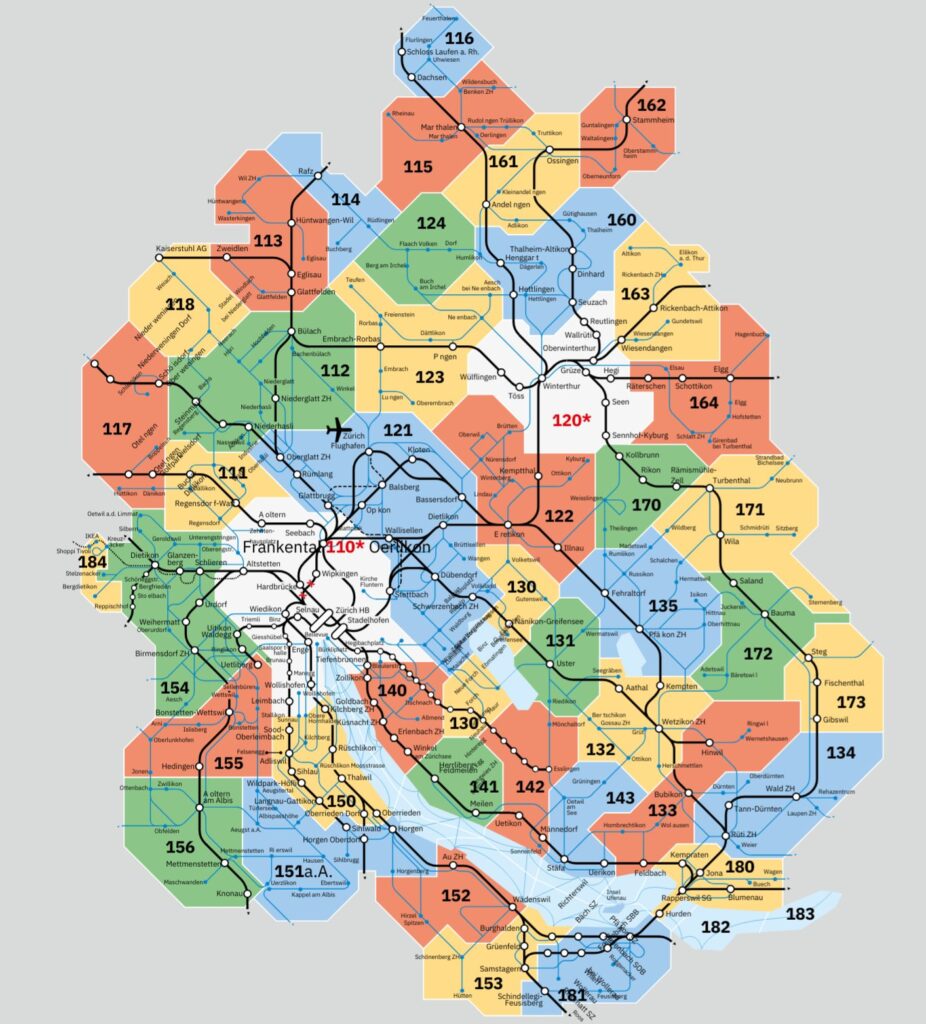 Mapa das zonas do transporte público de Zurique